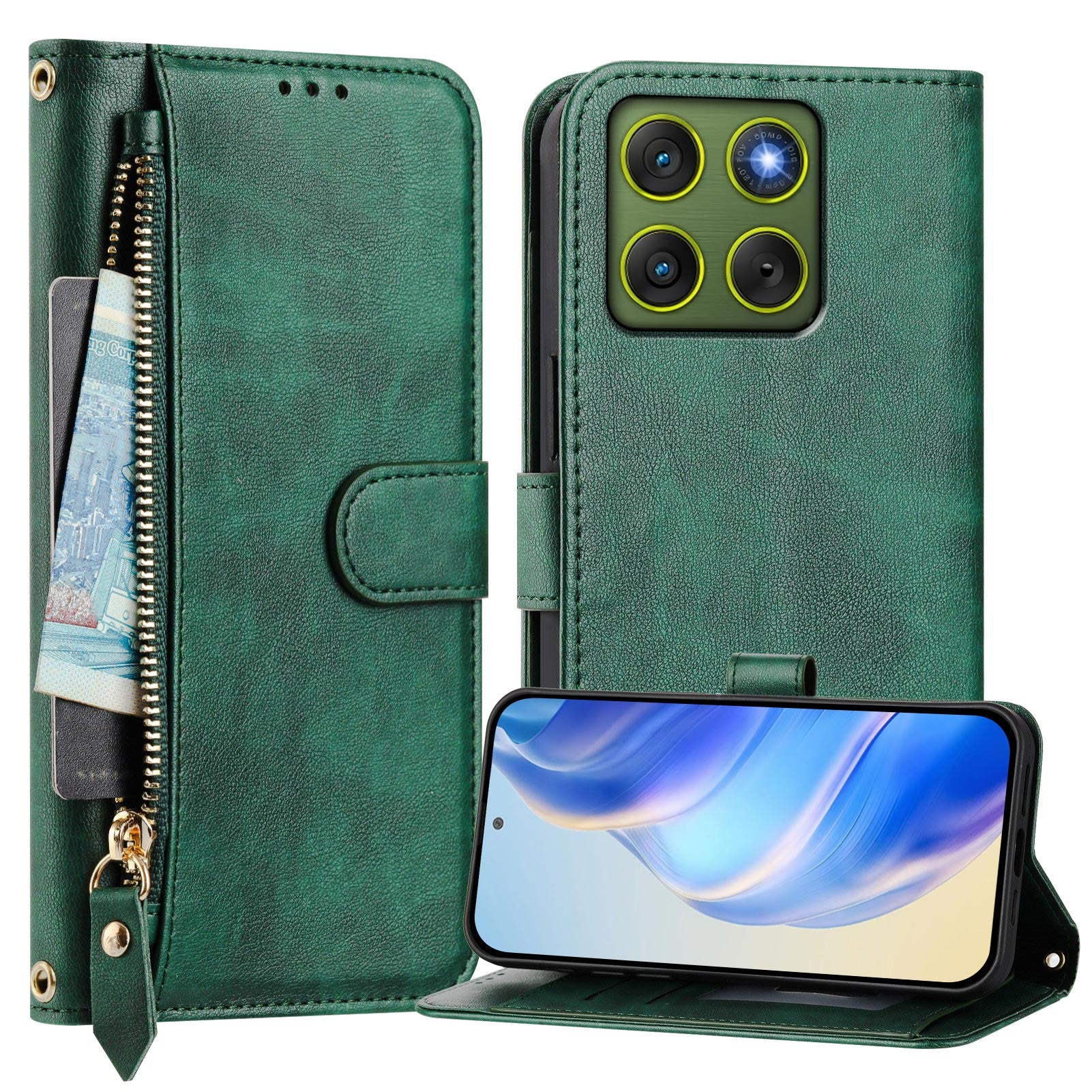 For Motorola Edge 70 5G Case Zipper Pocket Multiple Card Slots Leather Phone Cover - Green