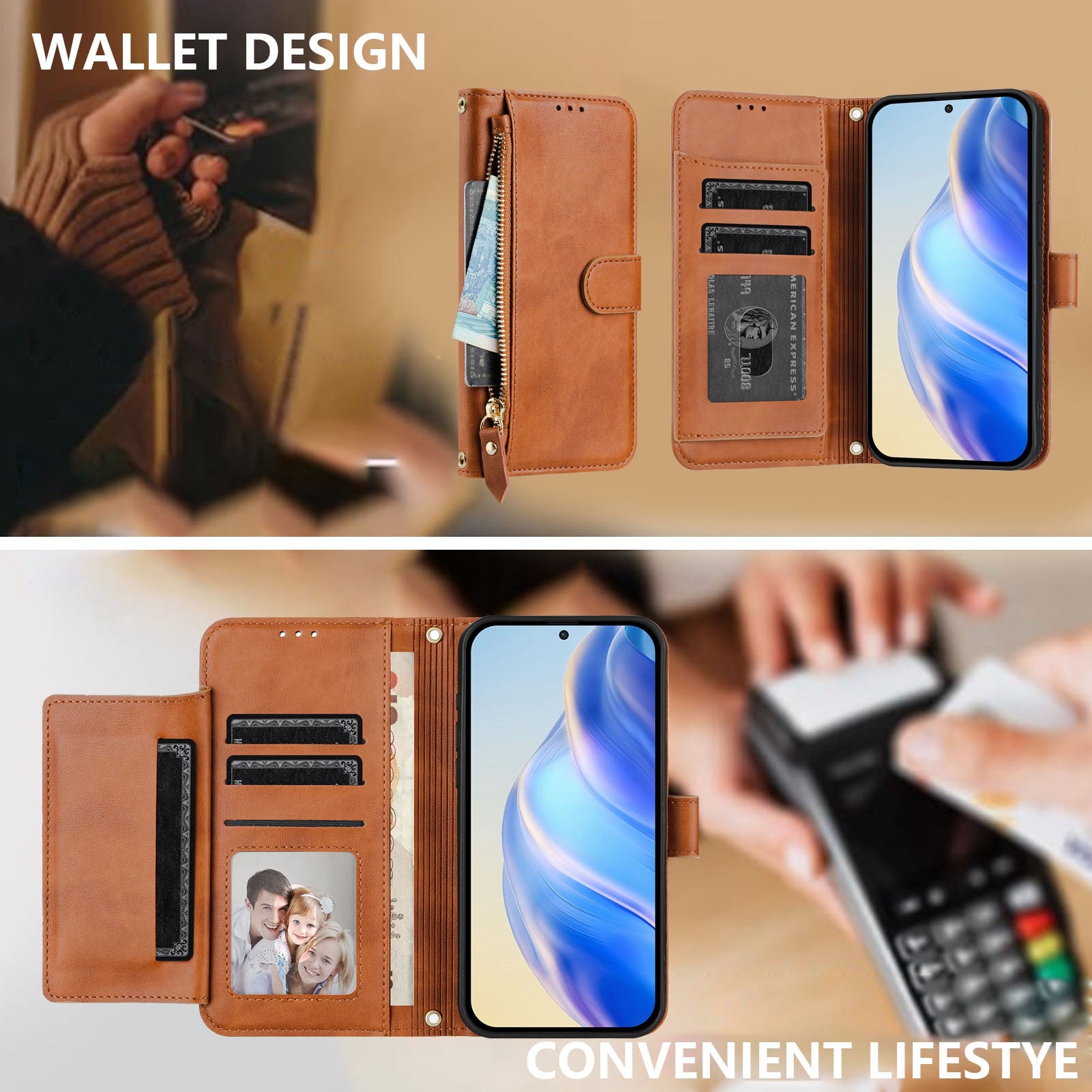 For Motorola Edge 70 5G Case Zipper Pocket Multiple Card Slots Leather Phone Cover - Brown
