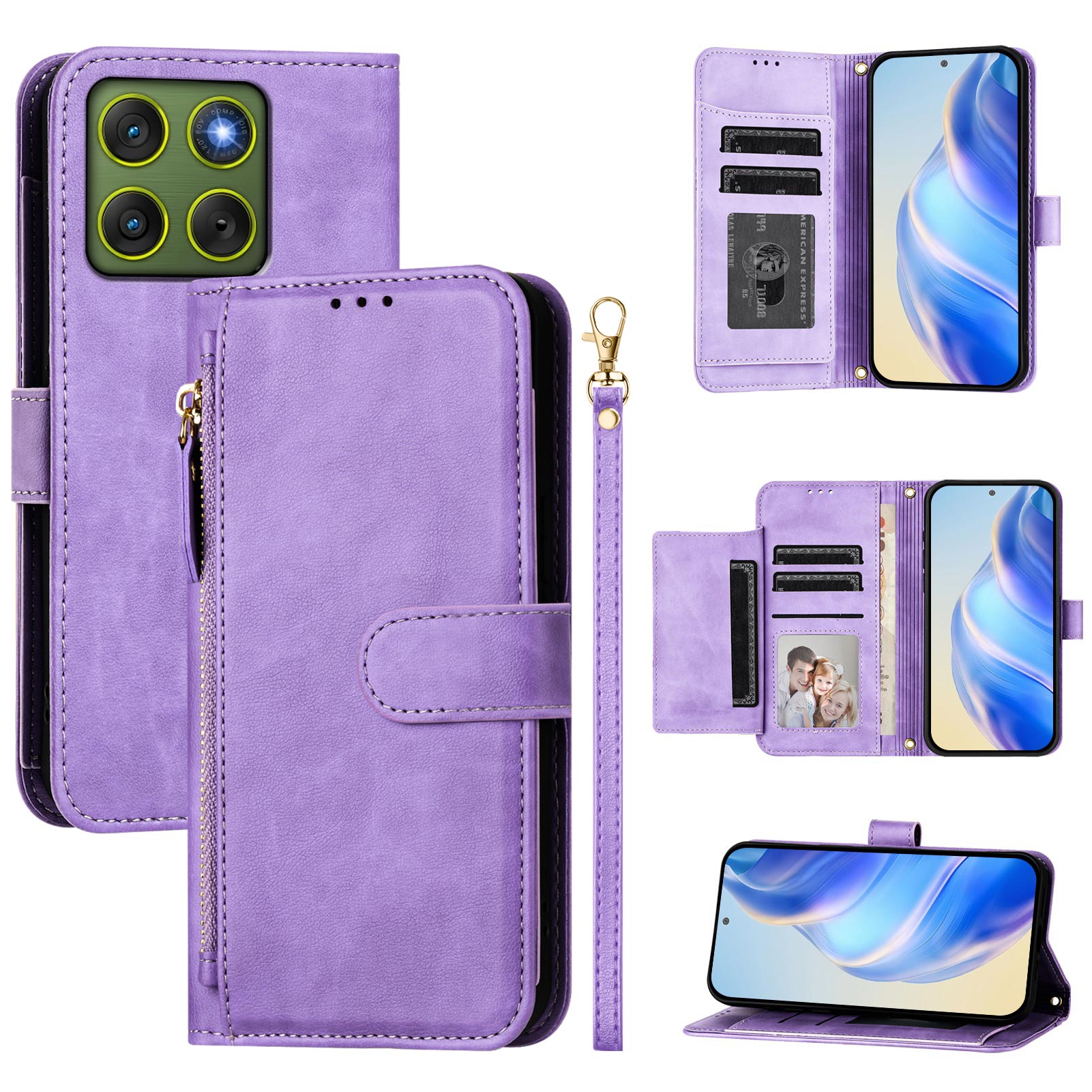 For Motorola Edge 70 5G Case Zipper Pocket Multiple Card Slots Leather Phone Cover - Purple