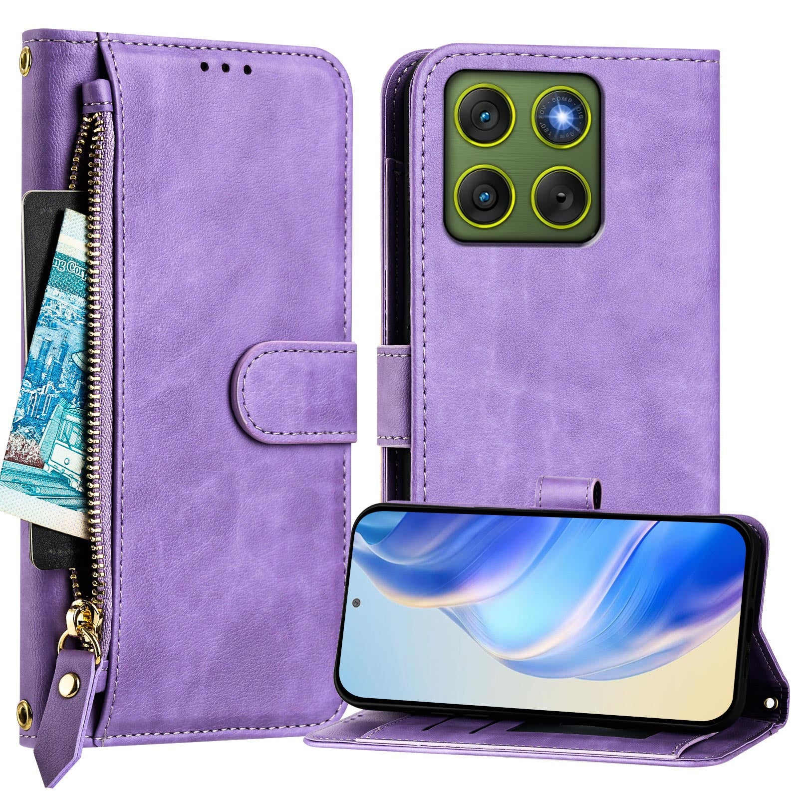 For Motorola Edge 70 5G Case Zipper Pocket Multiple Card Slots Leather Phone Cover - Purple
