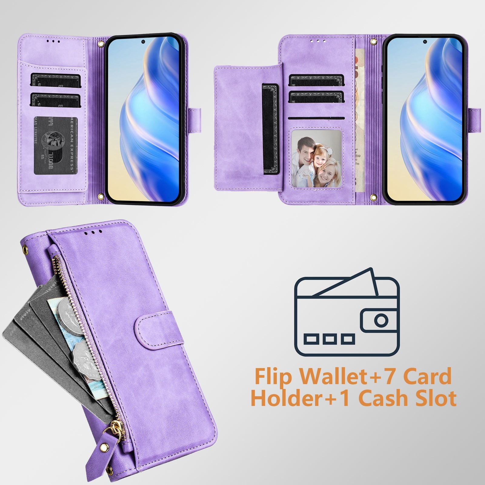 For Motorola Edge 70 5G Case Zipper Pocket Multiple Card Slots Leather Phone Cover - Purple