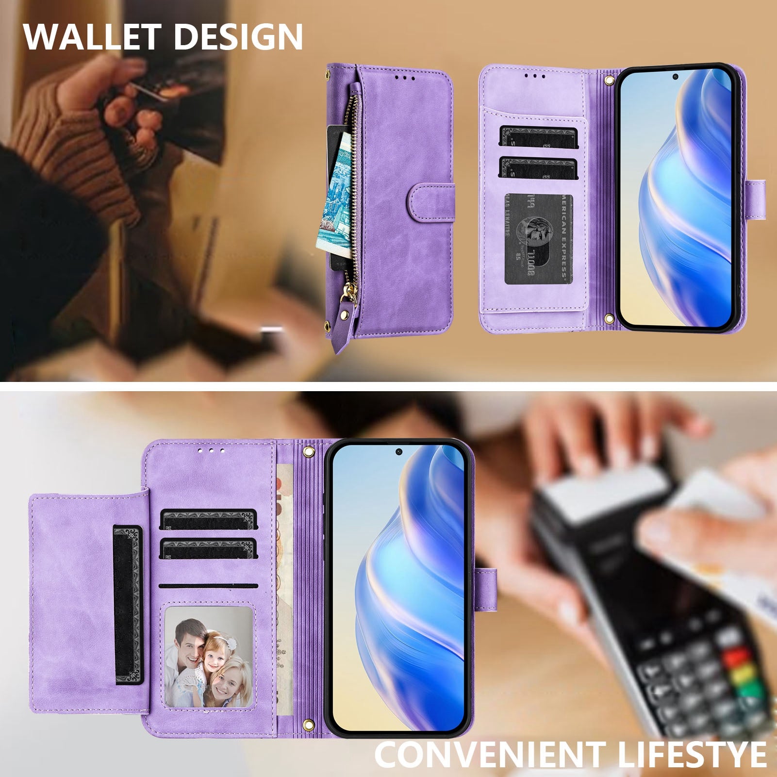For Motorola Edge 70 5G Case Zipper Pocket Multiple Card Slots Leather Phone Cover - Purple