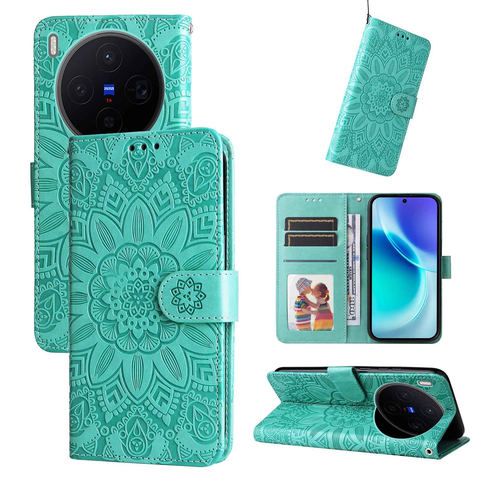 For vivo X300 5G Case Sunflower Imprint Leather Wallet Phone Cover - Green