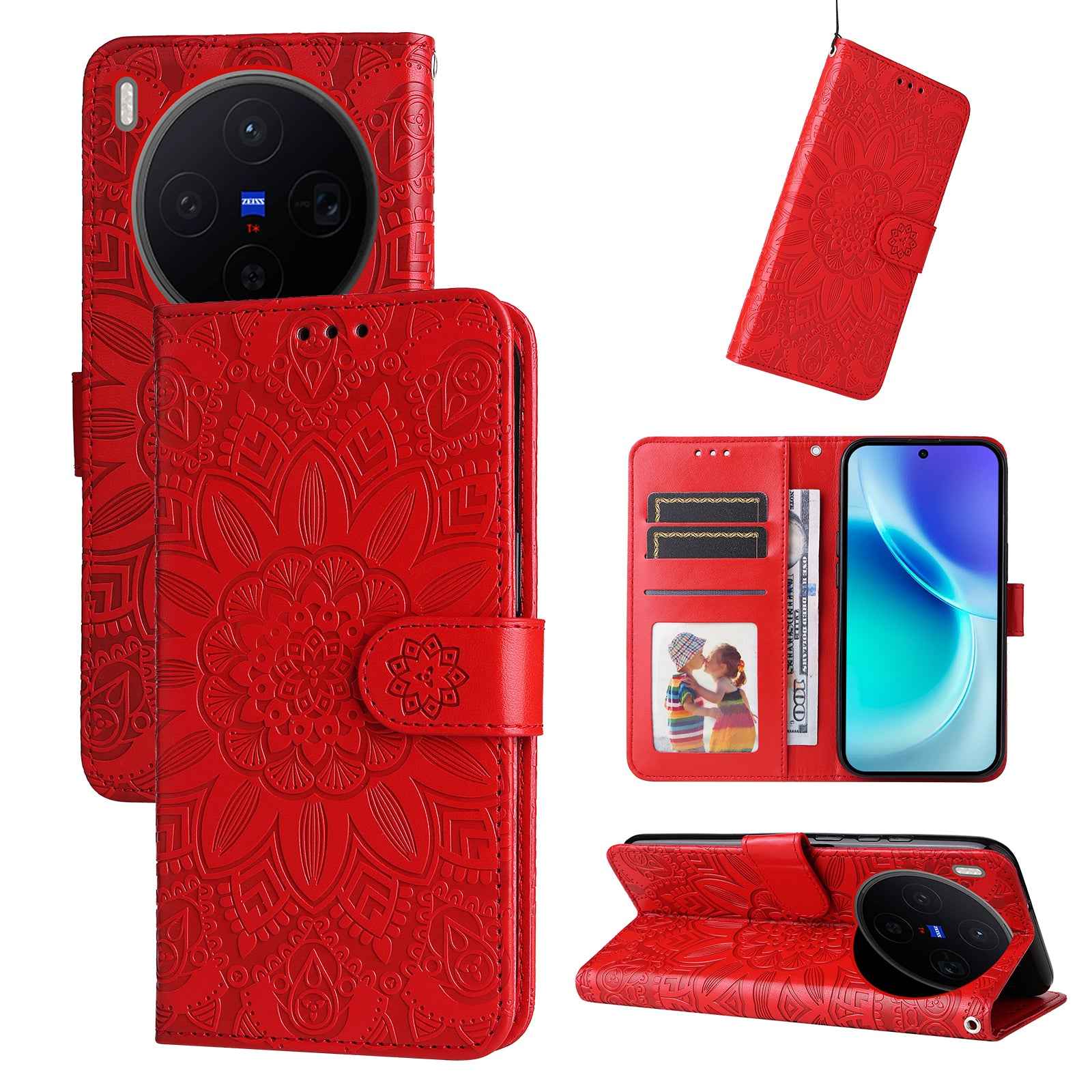 For vivo X300 5G Case Sunflower Imprint Leather Wallet Phone Cover - Red