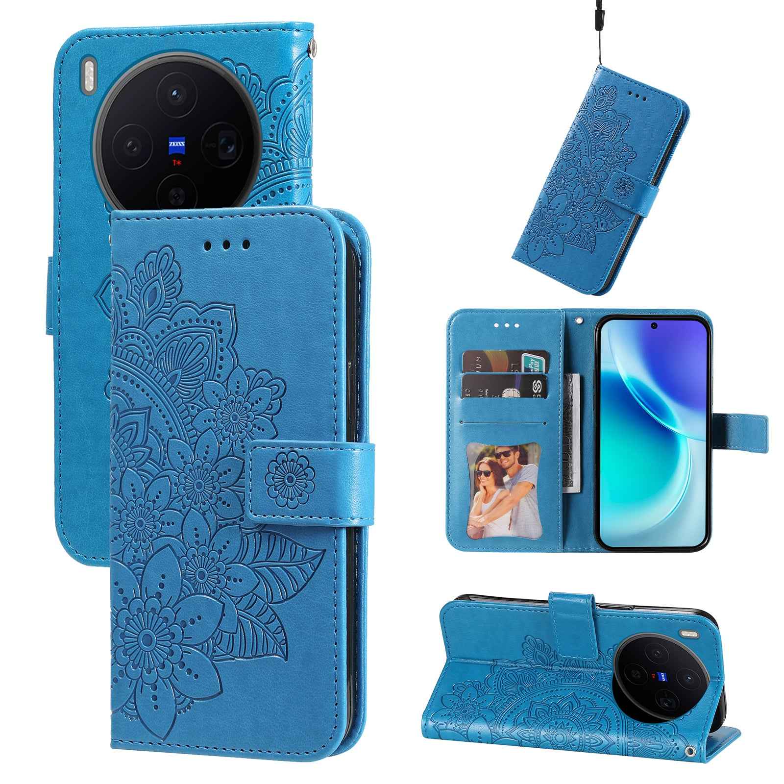 For vivo X300 5G Case Floral Pattern PU Leather Wallet Stand Phone Cover - Blue