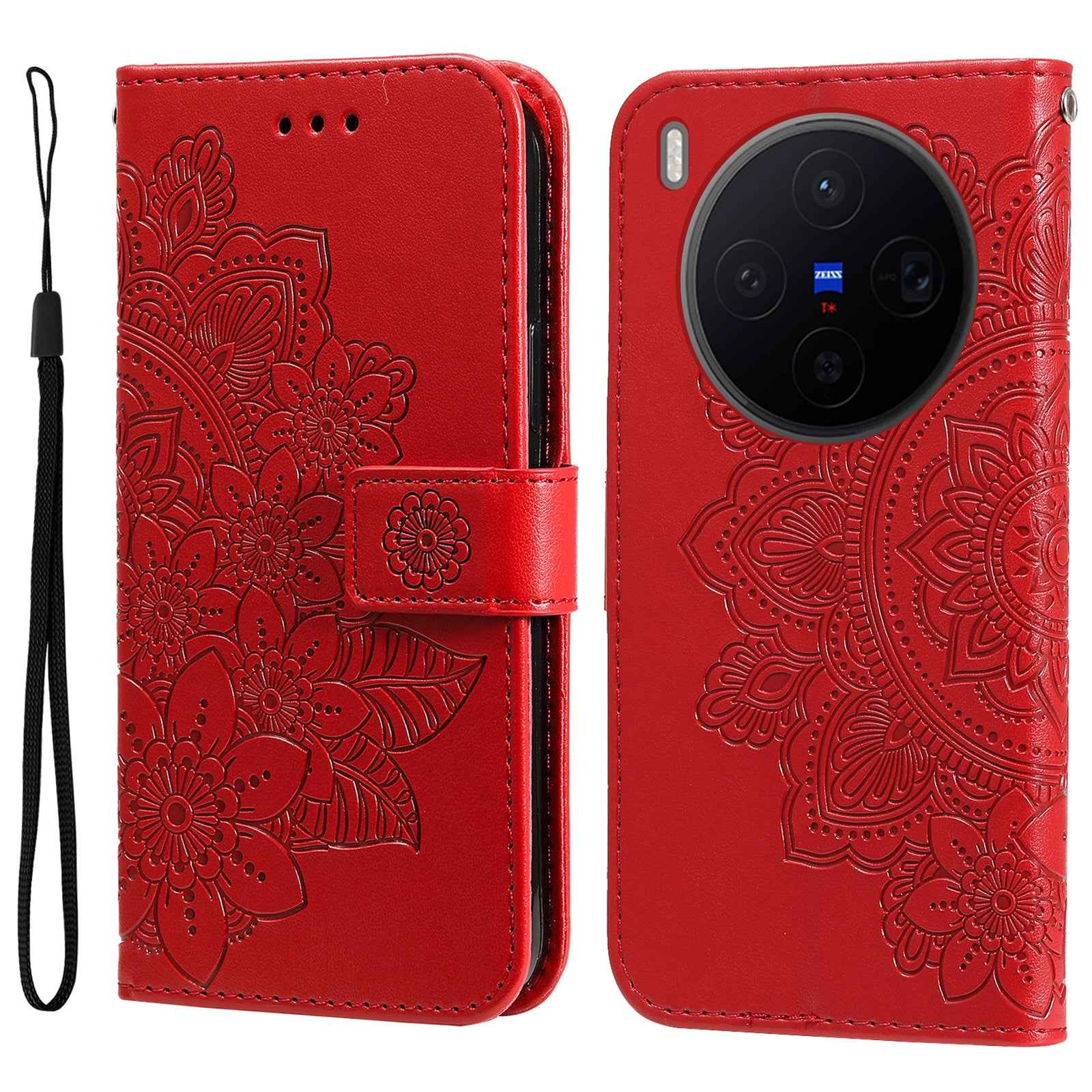 For vivo X300 5G Case Floral Pattern PU Leather Wallet Stand Phone Cover - Red