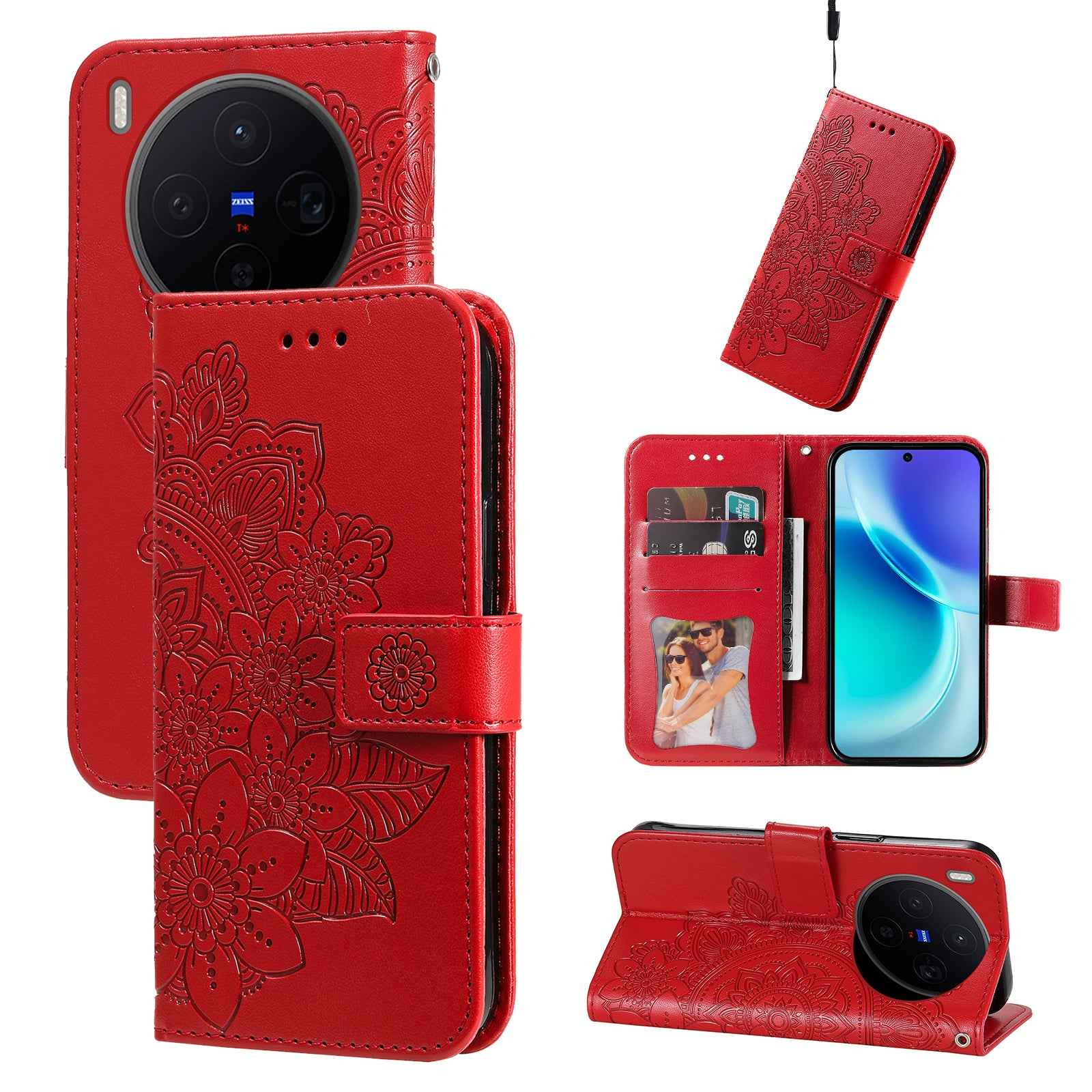 For vivo X300 5G Case Floral Pattern PU Leather Wallet Stand Phone Cover - Red