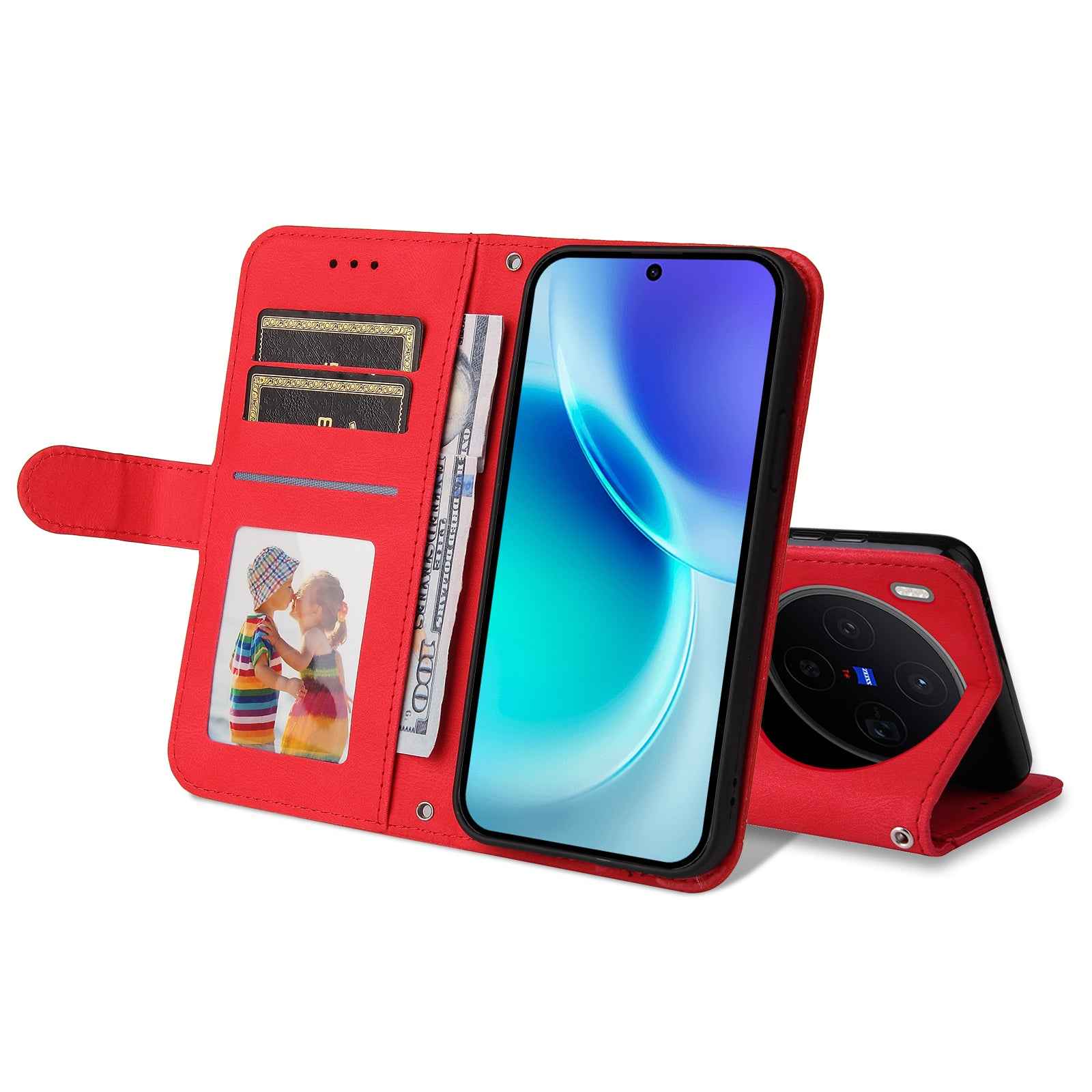 For vivo X300 5G Leather Wallet Cases Skin Touch Phone Cover Stand with Strap - Red