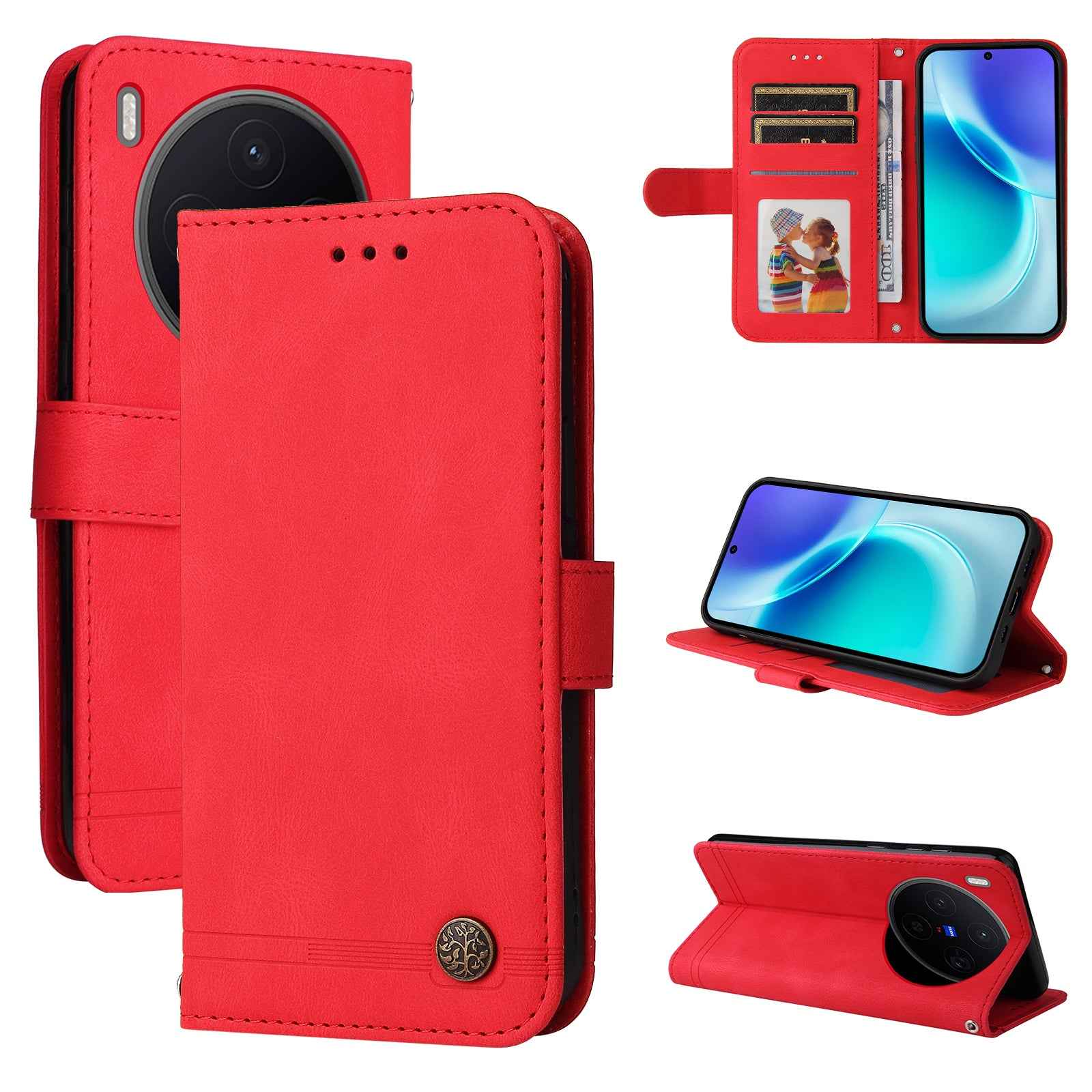 For vivo X300 5G Leather Wallet Cases Skin Touch Phone Cover Stand with Strap - Red