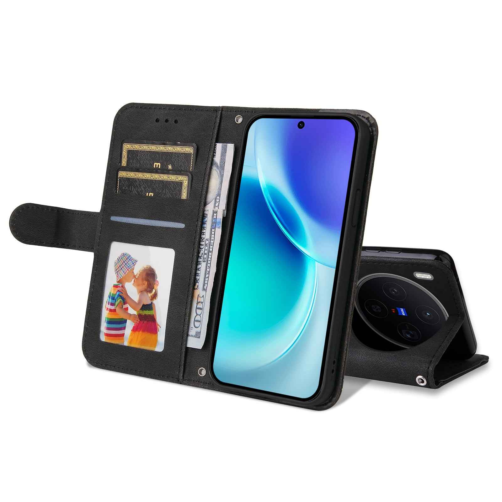 For vivo X300 5G Leather Wallet Cases Skin Touch Phone Cover Stand with Strap - Black