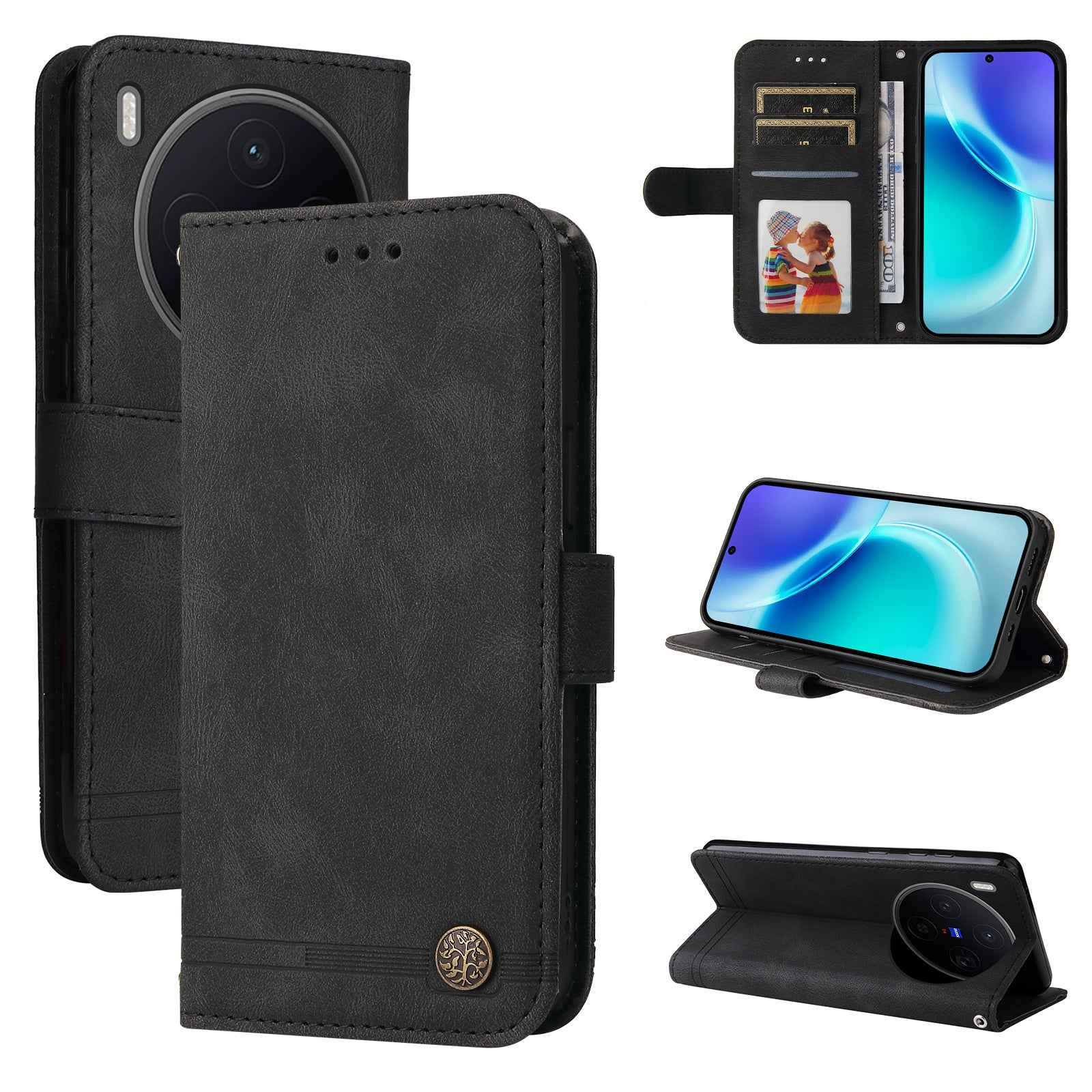 For vivo X300 5G Leather Wallet Cases Skin Touch Phone Cover Stand with Strap - Black