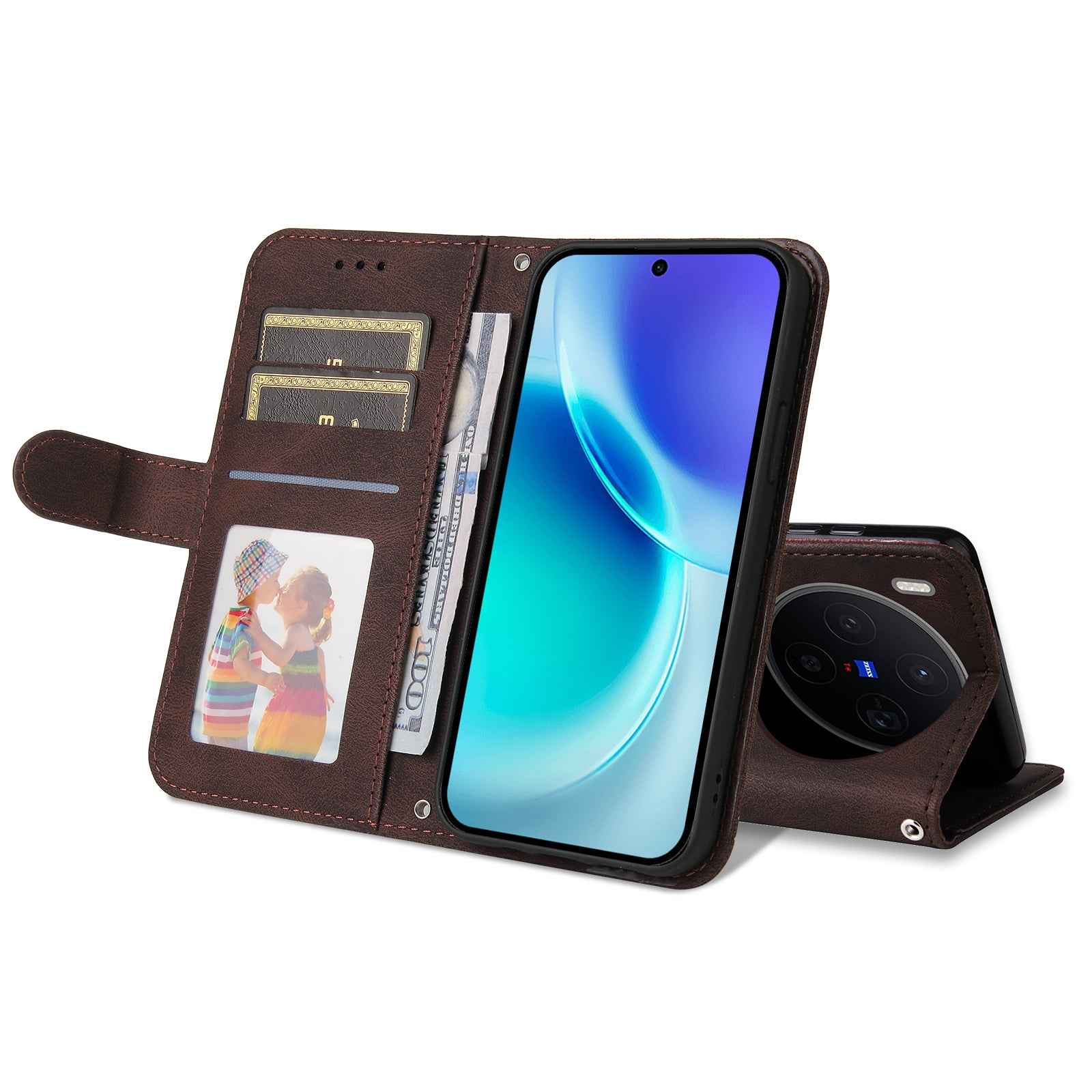 For vivo X300 5G Leather Wallet Cases Skin Touch Phone Cover Stand with Strap - Brown
