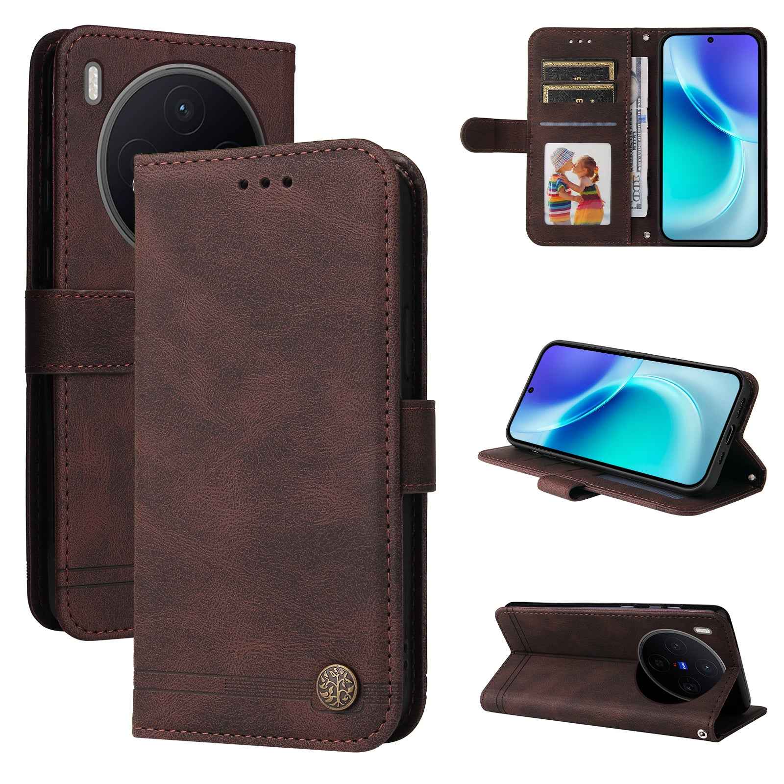 For vivo X300 5G Leather Wallet Cases Skin Touch Phone Cover Stand with Strap - Brown