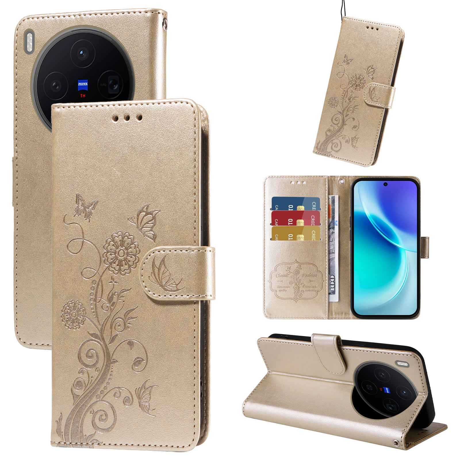 For vivo X300 5G Leather Case Butterfly Floral Imprint Wallet Stand Cover - Golden