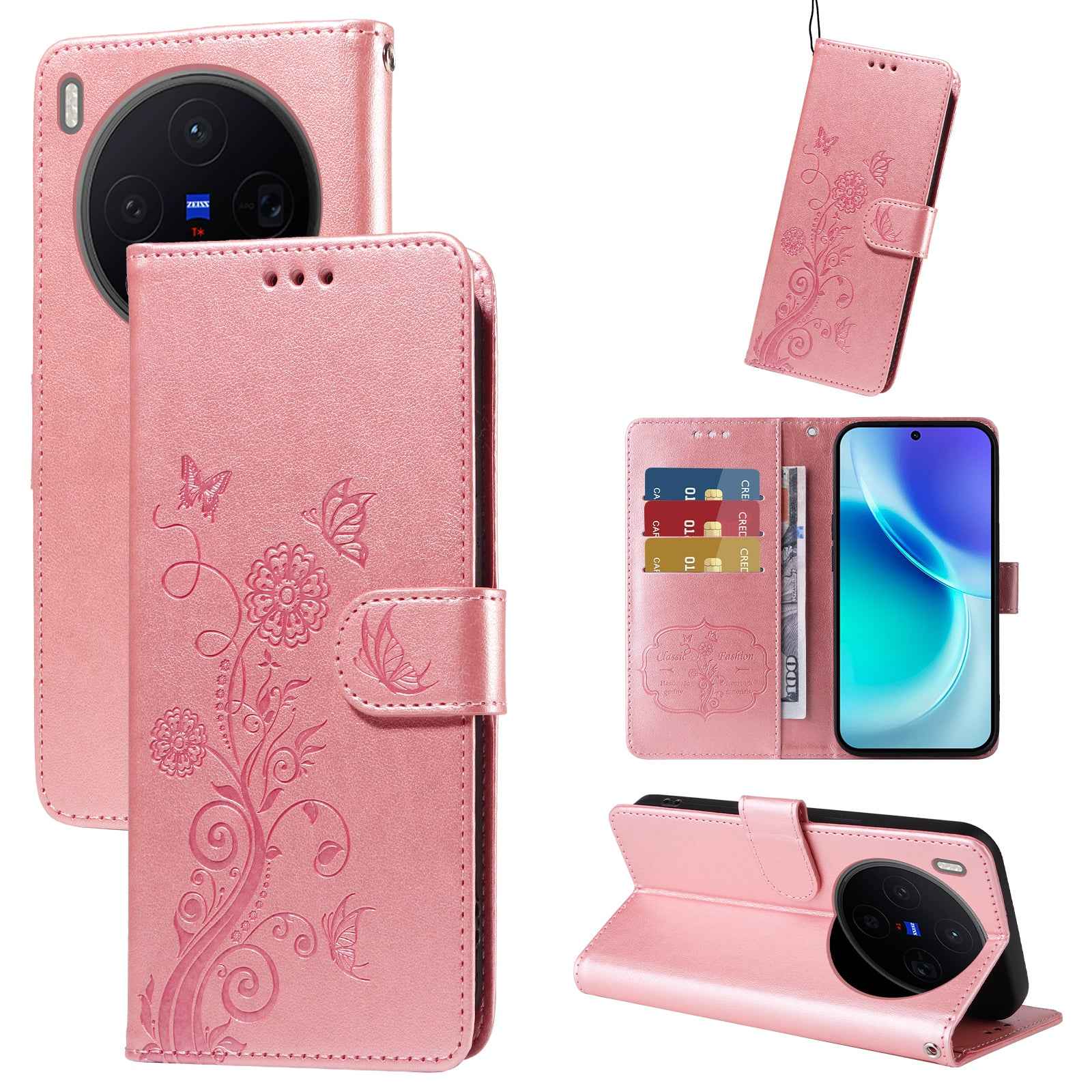 For vivo X300 5G Leather Case Butterfly Floral Imprint Wallet Stand Cover - Pink