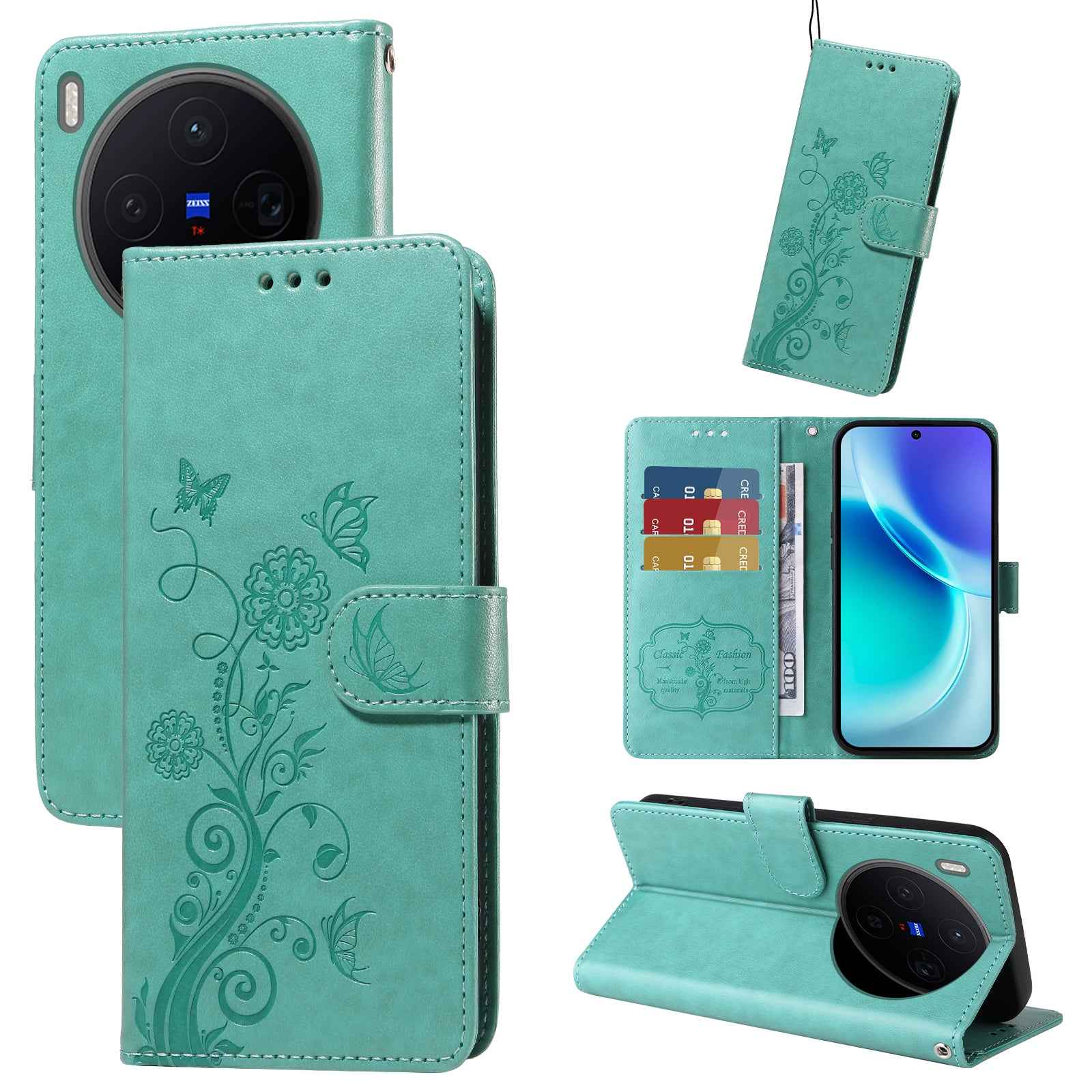 For vivo X300 5G Leather Case Butterfly Floral Imprint Wallet Stand Cover - Green