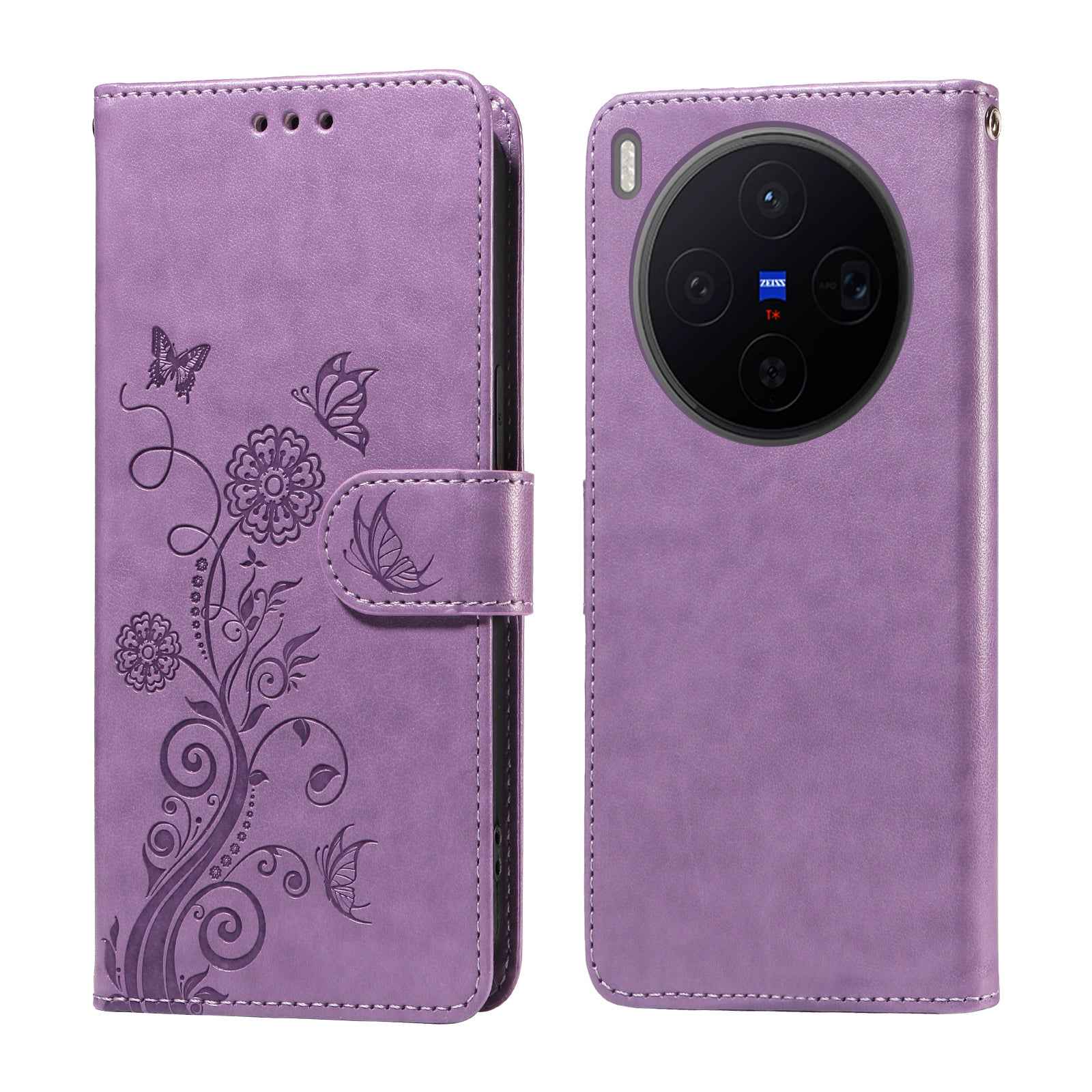 For vivo X300 5G Leather Case Butterfly Floral Imprint Wallet Stand Cover - Purple
