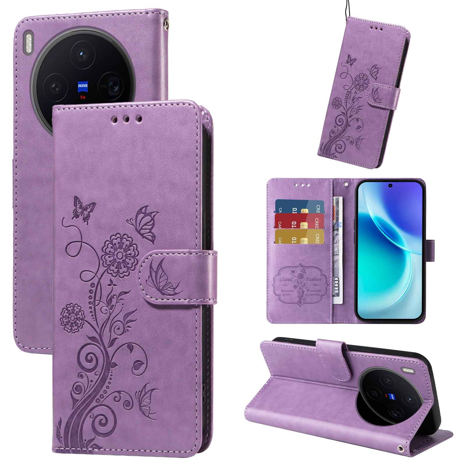 For vivo X300 5G Leather Case Butterfly Floral Imprint Wallet Stand Cover - Purple