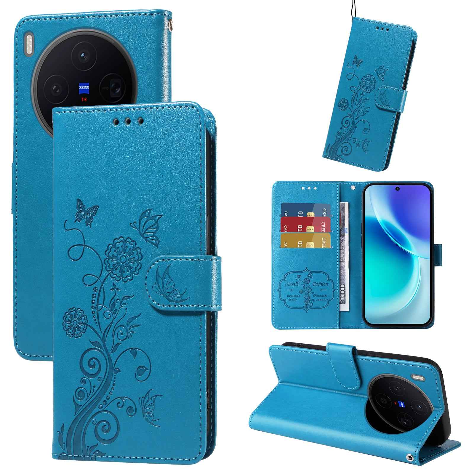 For vivo X300 5G Leather Case Butterfly Floral Imprint Wallet Stand Cover - Blue