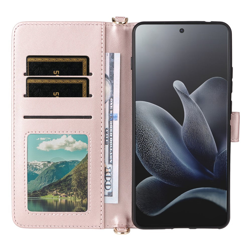 For Motorola Edge 70 5G Leather Case Stand Wallet Phone Cover with Shoulder / Wrist Strap - Pink