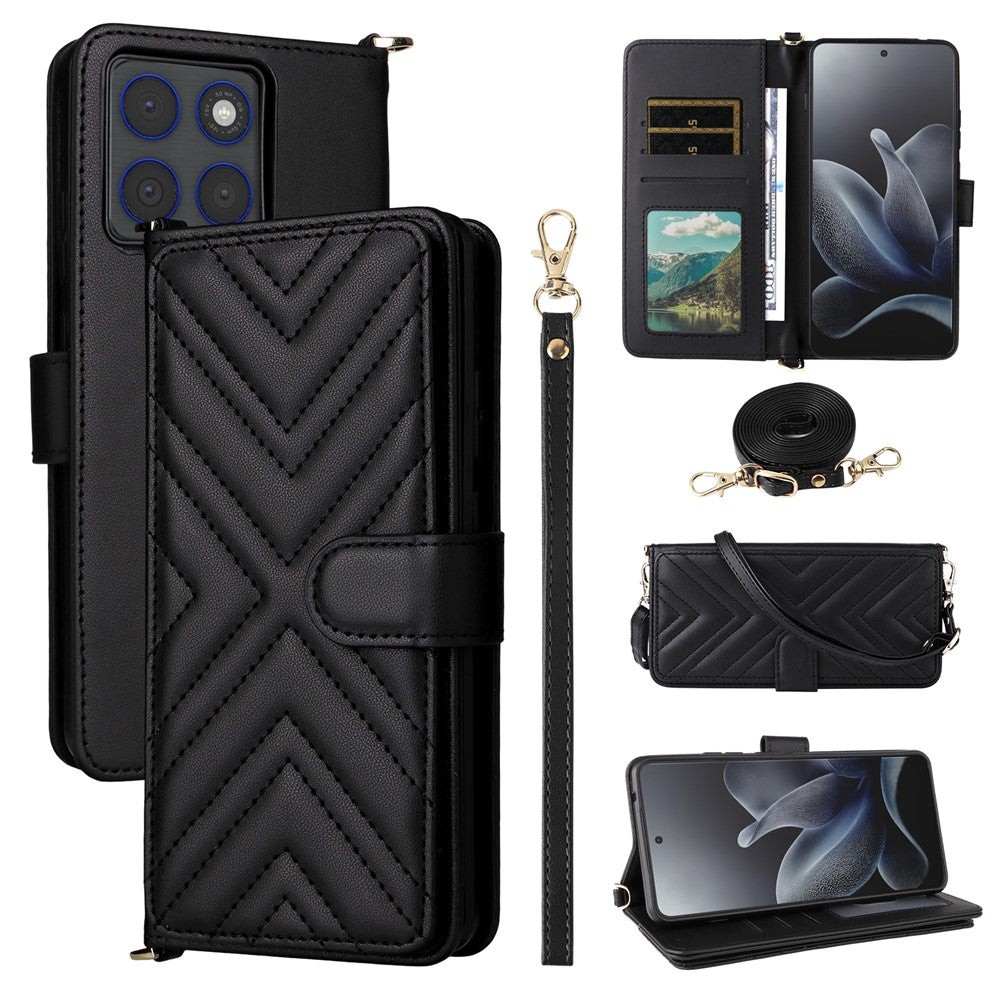 For Motorola Edge 70 5G Leather Case Stand Wallet Phone Cover with Shoulder / Wrist Strap - Black