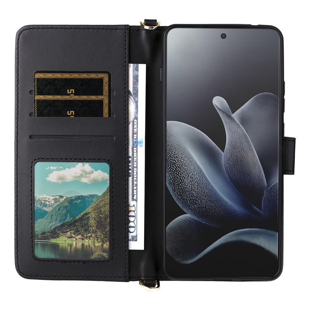 For Motorola Edge 70 5G Leather Case Stand Wallet Phone Cover with Shoulder / Wrist Strap - Black