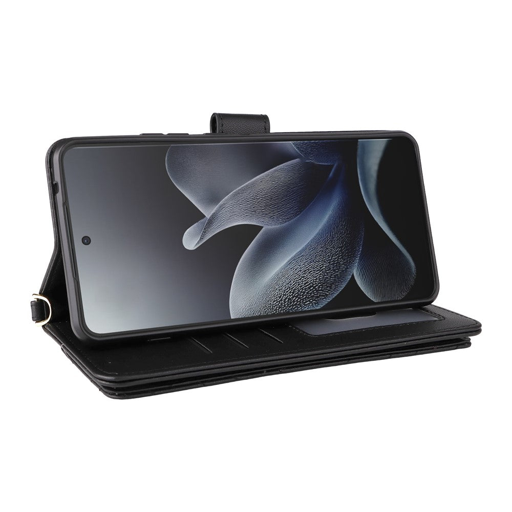 For Motorola Edge 70 5G Leather Case Stand Wallet Phone Cover with Shoulder / Wrist Strap - Black