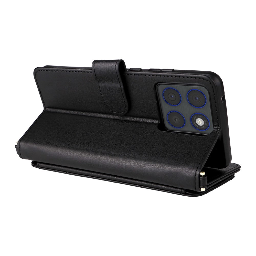 For Motorola Edge 70 5G Leather Case Stand Wallet Phone Cover with Shoulder / Wrist Strap - Black