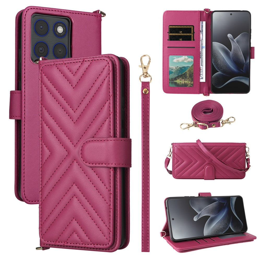 For Motorola Edge 70 5G Leather Case Stand Wallet Phone Cover with Shoulder / Wrist Strap - Rose