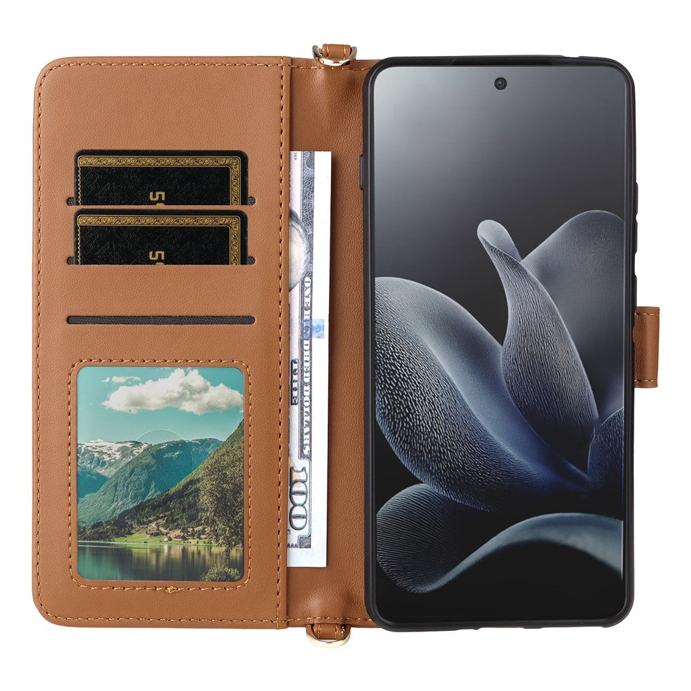 For Motorola Edge 70 5G Leather Case Stand Wallet Phone Cover with Shoulder / Wrist Strap - Brown