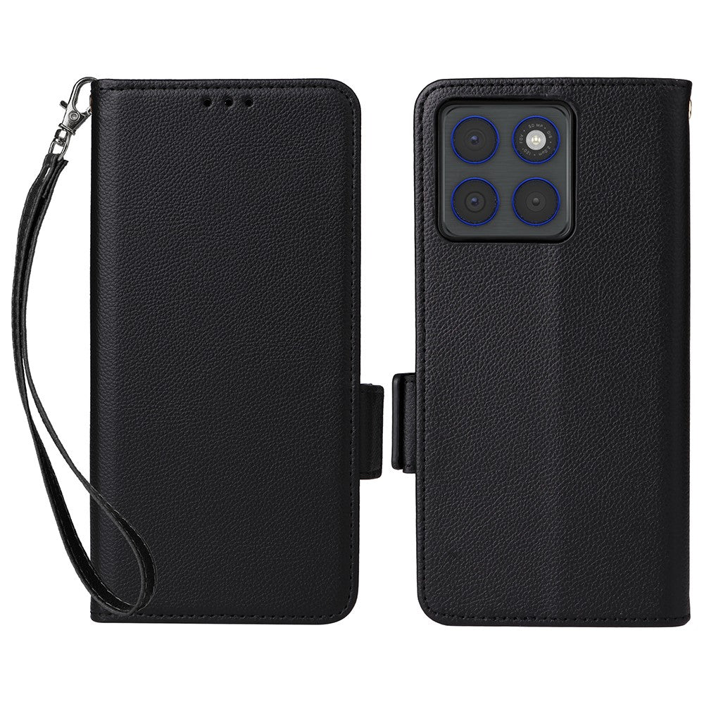 For Motorola Edge 70 5G Case Litchi Texture Wallet Leather Phone Cover with Wrist Strap - Black