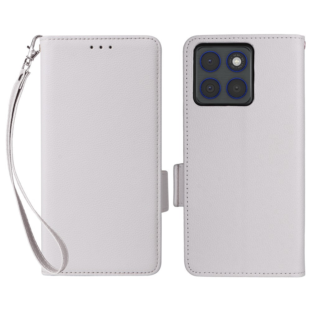 For Motorola Edge 70 5G Case Litchi Texture Wallet Leather Phone Cover with Wrist Strap - White