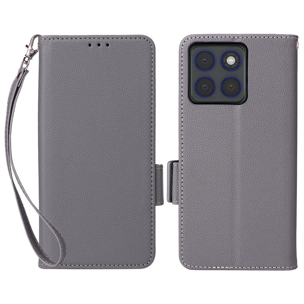 For Motorola Edge 70 5G Case Litchi Texture Wallet Leather Phone Cover with Wrist Strap - Grey