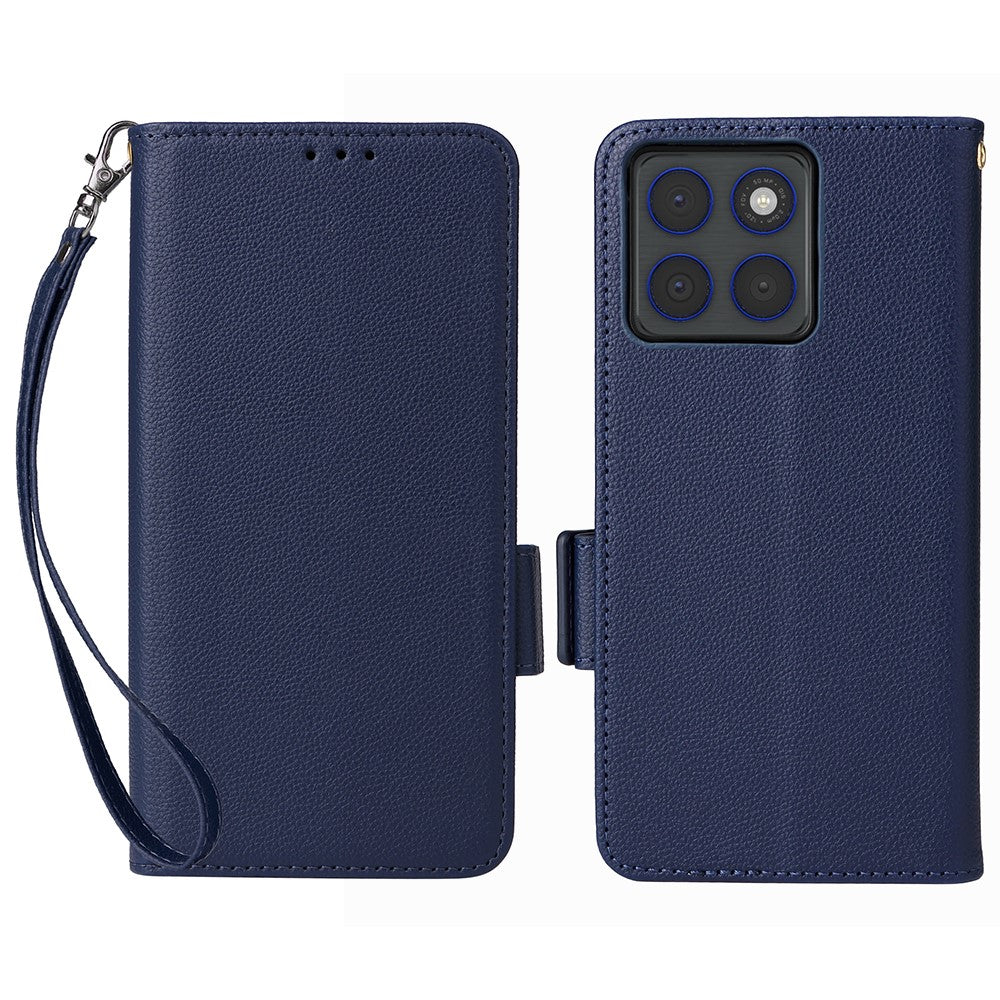 For Motorola Edge 70 5G Case Litchi Texture Wallet Leather Phone Cover with Wrist Strap - Dark Blue