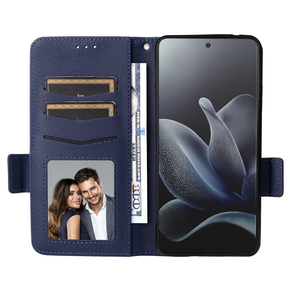 For Motorola Edge 70 5G Case Litchi Texture Wallet Leather Phone Cover with Wrist Strap - Dark Blue