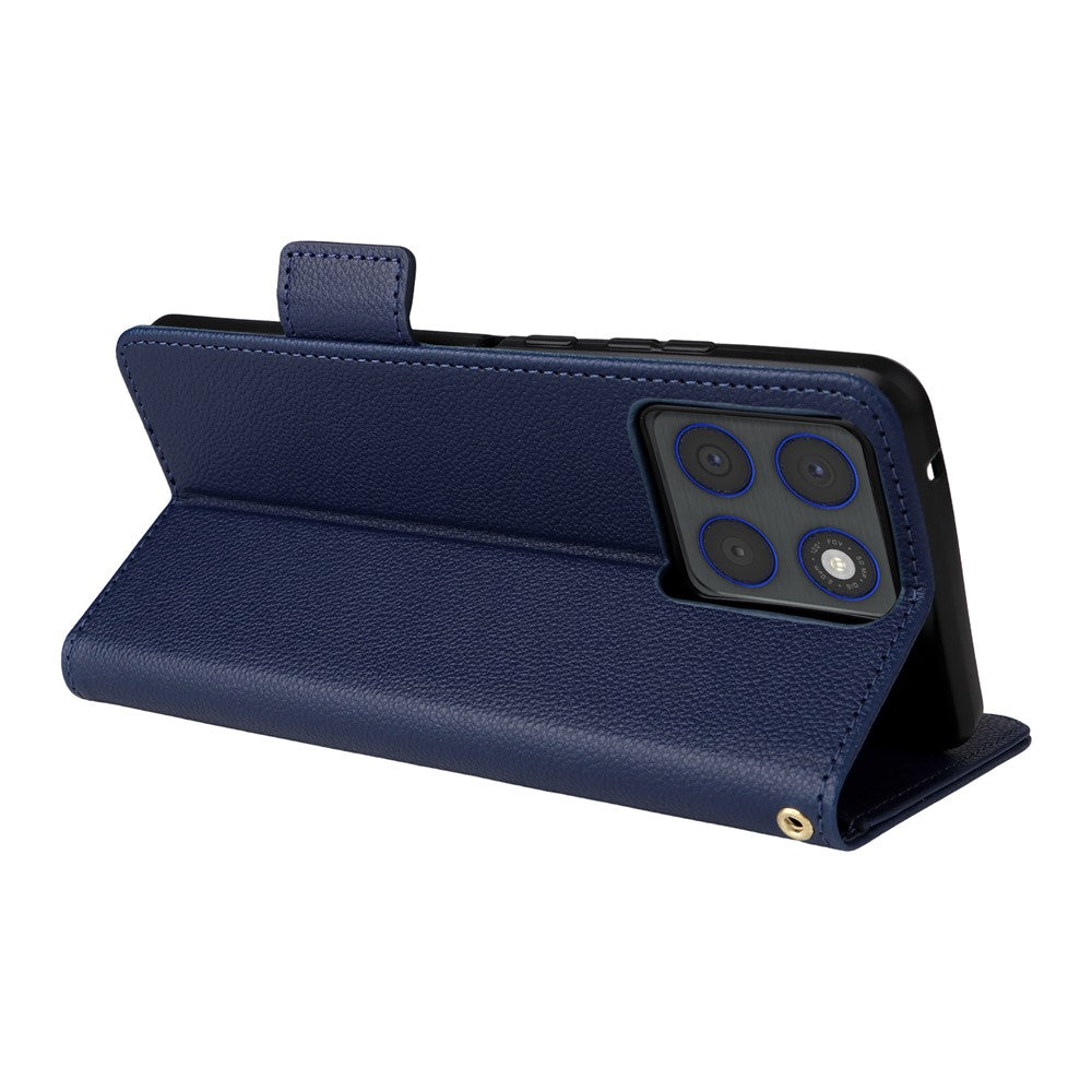 For Motorola Edge 70 5G Case Litchi Texture Wallet Leather Phone Cover with Wrist Strap - Dark Blue