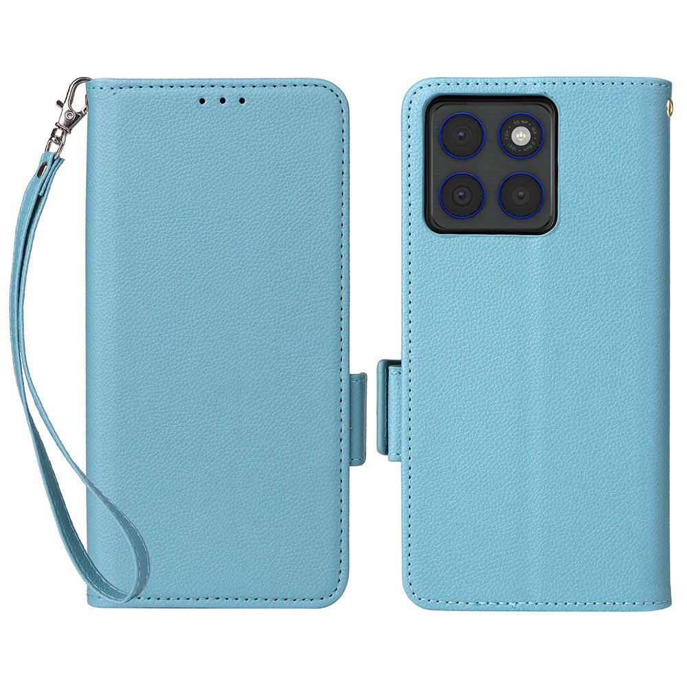 For Motorola Edge 70 5G Case Litchi Texture Wallet Leather Phone Cover with Wrist Strap - Baby Blue