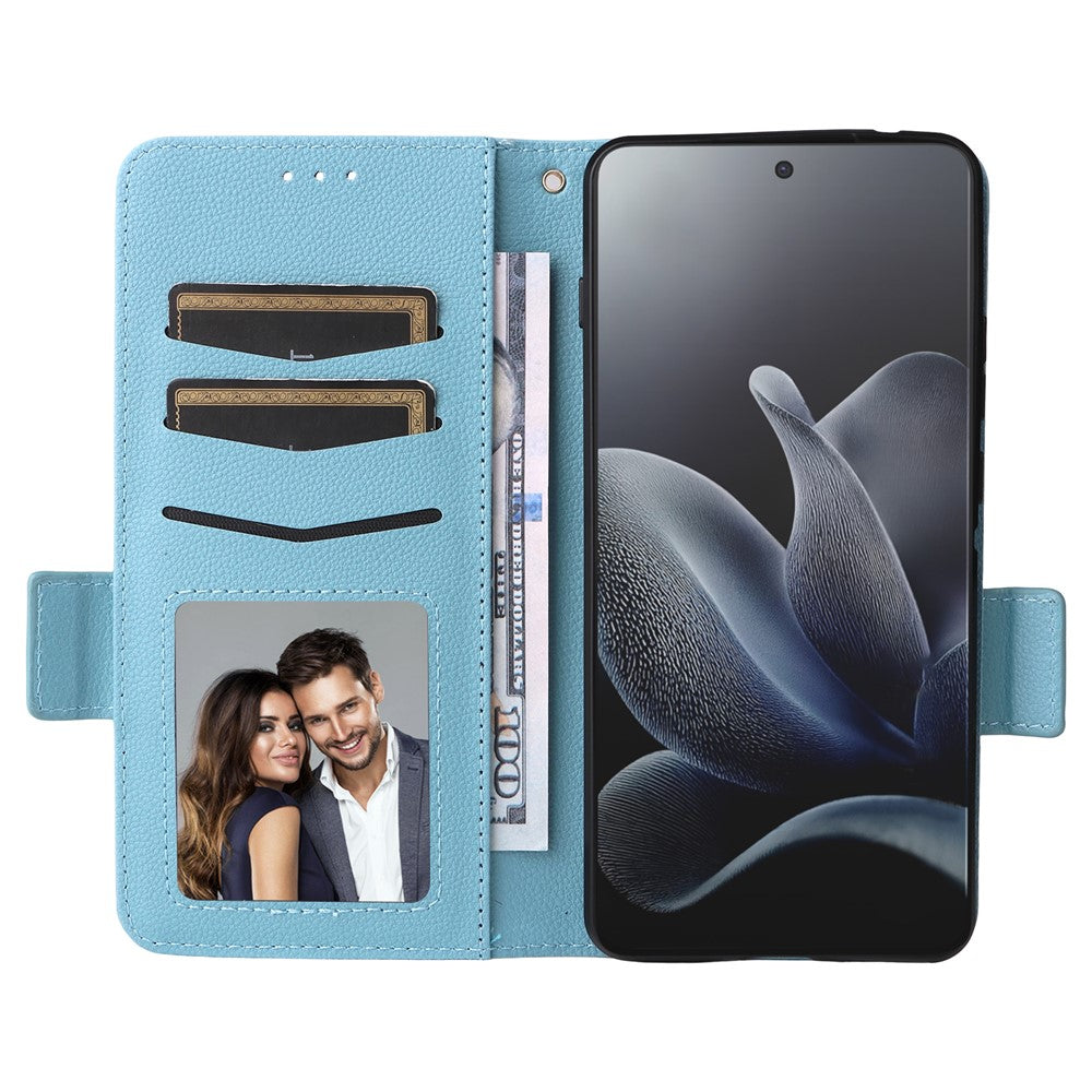 For Motorola Edge 70 5G Case Litchi Texture Wallet Leather Phone Cover with Wrist Strap - Baby Blue