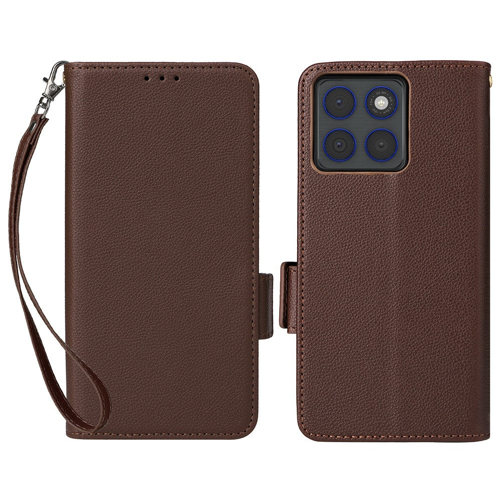 For Motorola Edge 70 5G Case Litchi Texture Wallet Leather Phone Cover with Wrist Strap - Brown