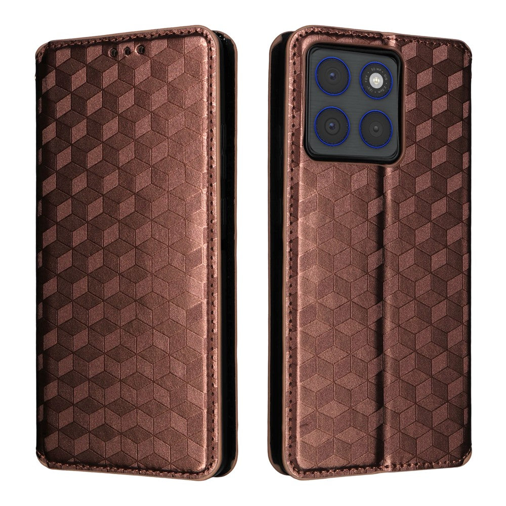 For Motorola Edge 70 5G Case Wallet Rhombus Imprinted PU Leather Phone Cover - Brown