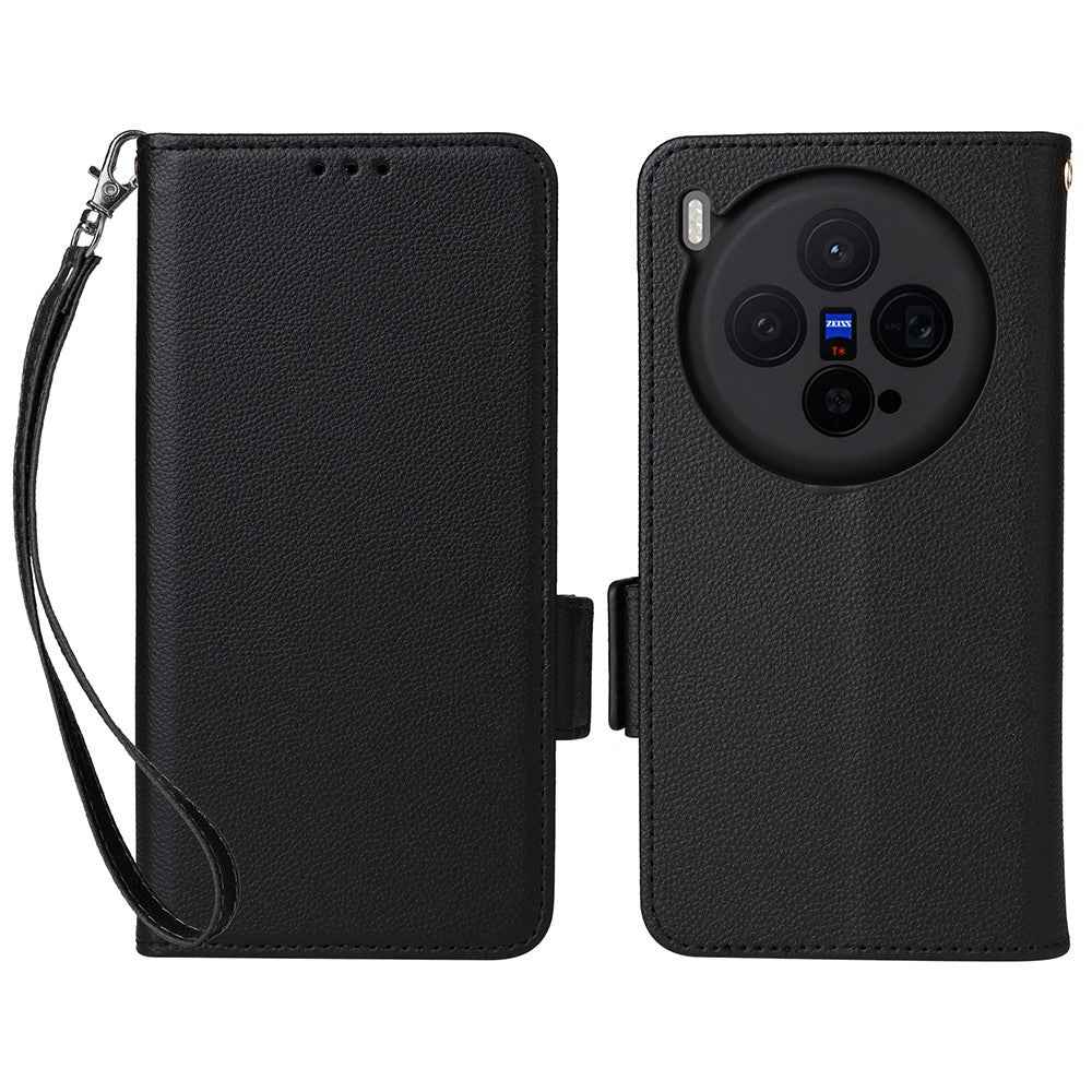 For vivo X300 5G Case Litchi Texture Wallet Leather Phone Cover with Wrist Strap - Black