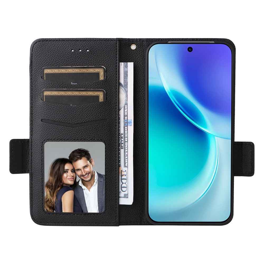 For vivo X300 5G Case Litchi Texture Wallet Leather Phone Cover with Wrist Strap - Black