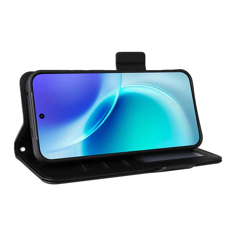 For vivo X300 5G Case Litchi Texture Wallet Leather Phone Cover with Wrist Strap - Black