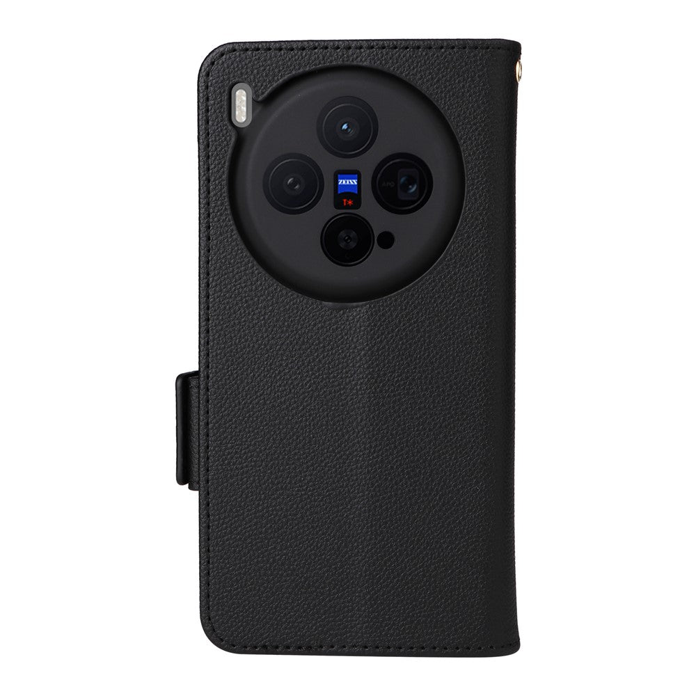 For vivo X300 5G Case Litchi Texture Wallet Leather Phone Cover with Wrist Strap - Black
