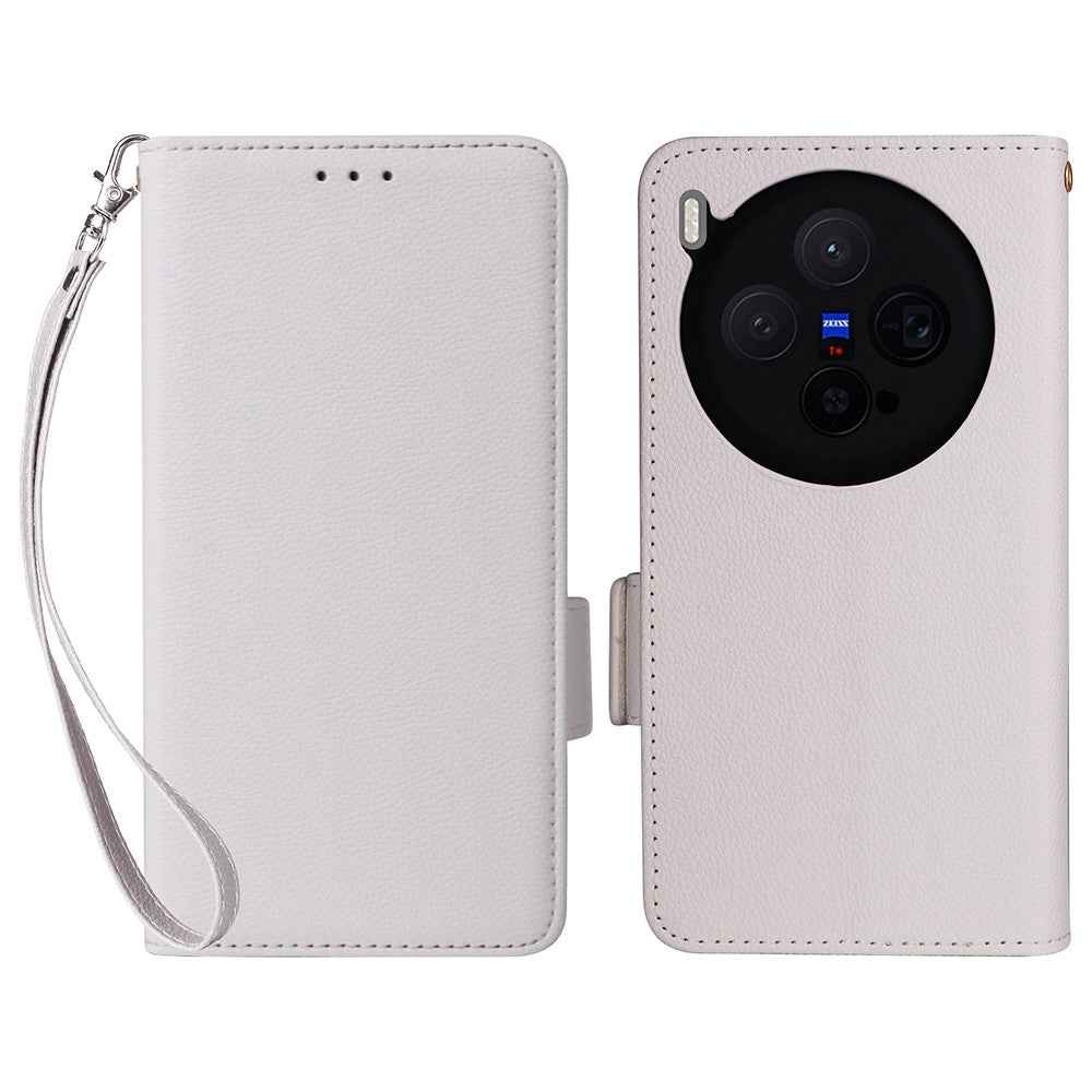 For vivo X300 5G Case Litchi Texture Wallet Leather Phone Cover with Wrist Strap - White
