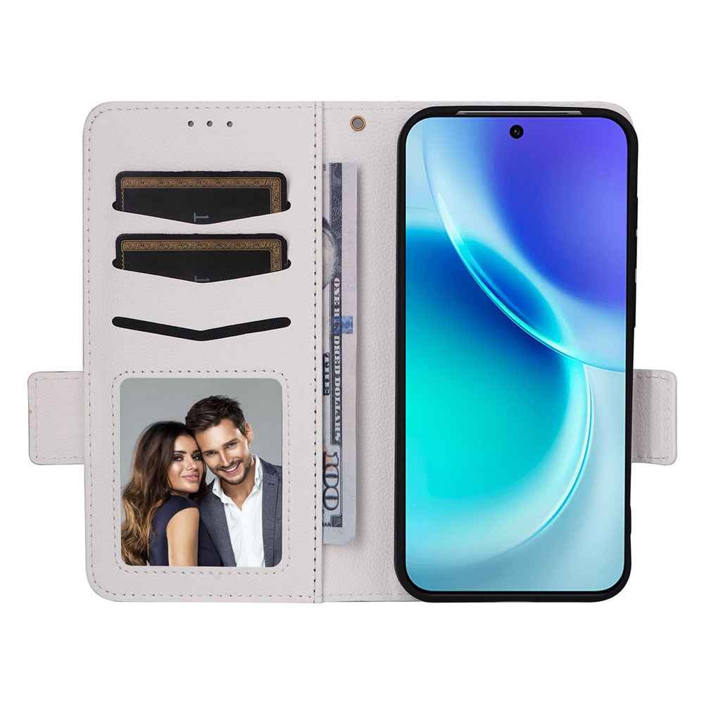 For vivo X300 5G Case Litchi Texture Wallet Leather Phone Cover with Wrist Strap - White