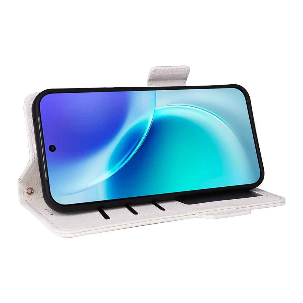 For vivo X300 5G Case Litchi Texture Wallet Leather Phone Cover with Wrist Strap - White