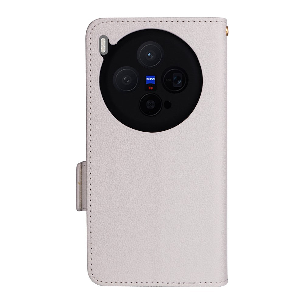 For vivo X300 5G Case Litchi Texture Wallet Leather Phone Cover with Wrist Strap - White