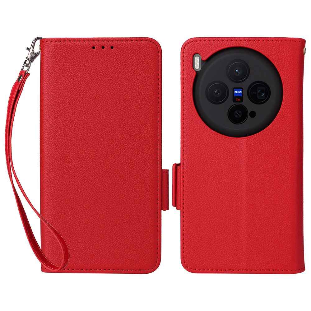 For vivo X300 5G Case Litchi Texture Wallet Leather Phone Cover with Wrist Strap - Red