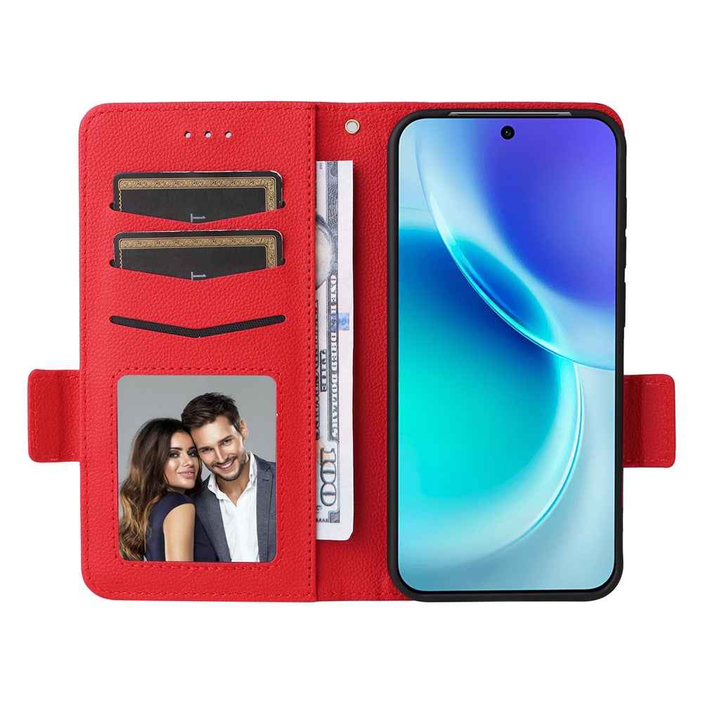 For vivo X300 5G Case Litchi Texture Wallet Leather Phone Cover with Wrist Strap - Red